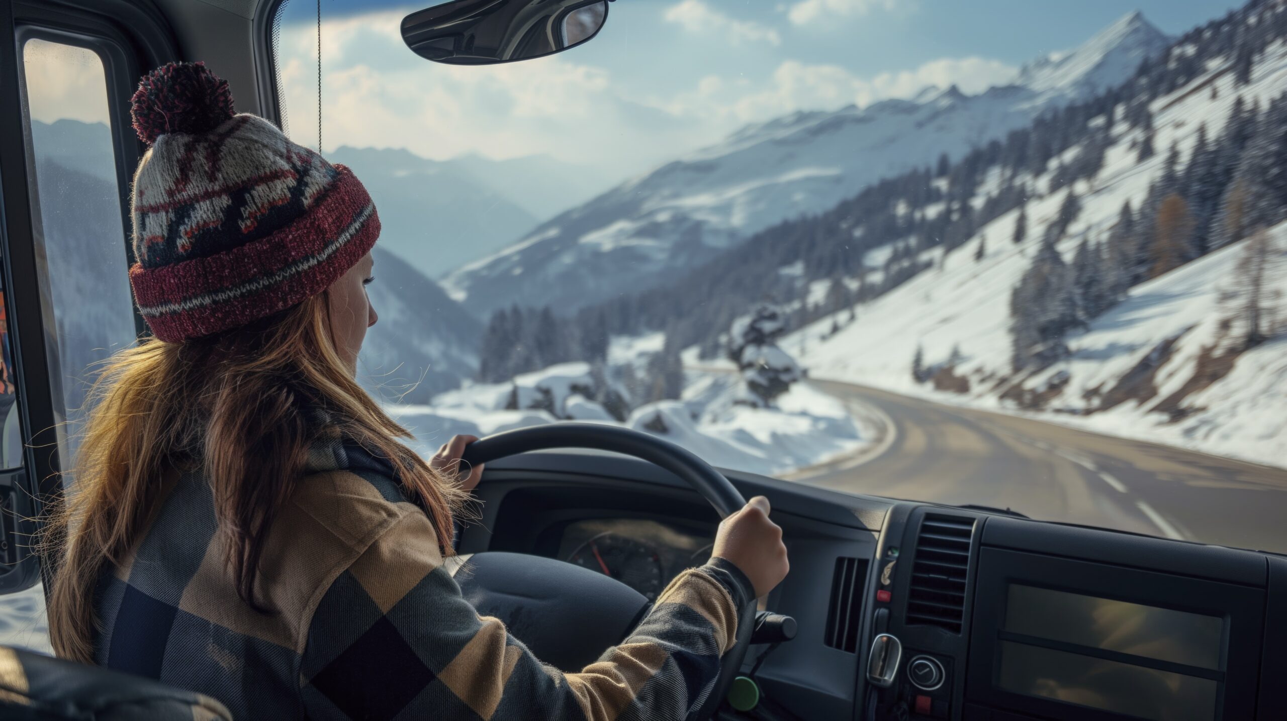 Motorista de caminhão ao volante, atravessando estrada de montanha coberta de neve